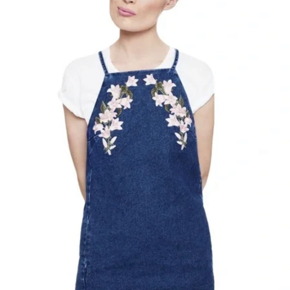 Topshop Floral Embroidered Blue Denim Pinafore Dress